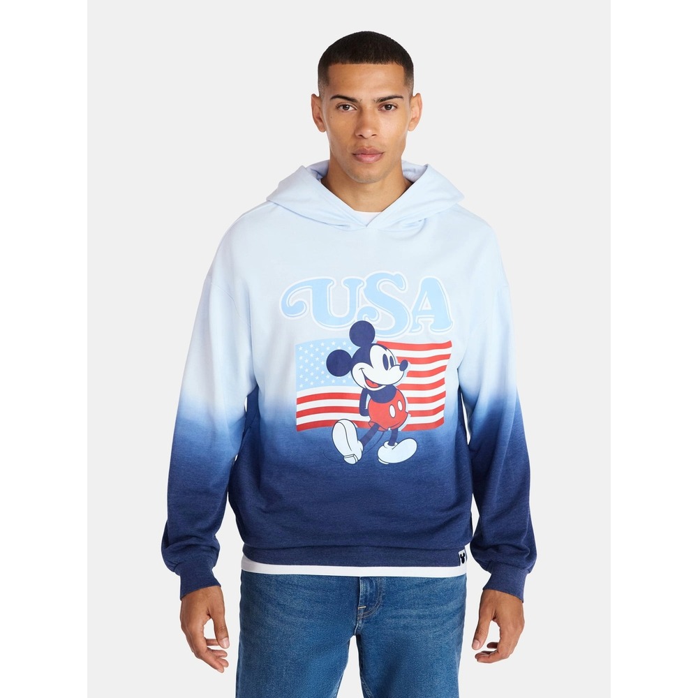 Disney Mens Mickey USA Flag Light Blue Navy Dip Dye Size S Hoodie NWT